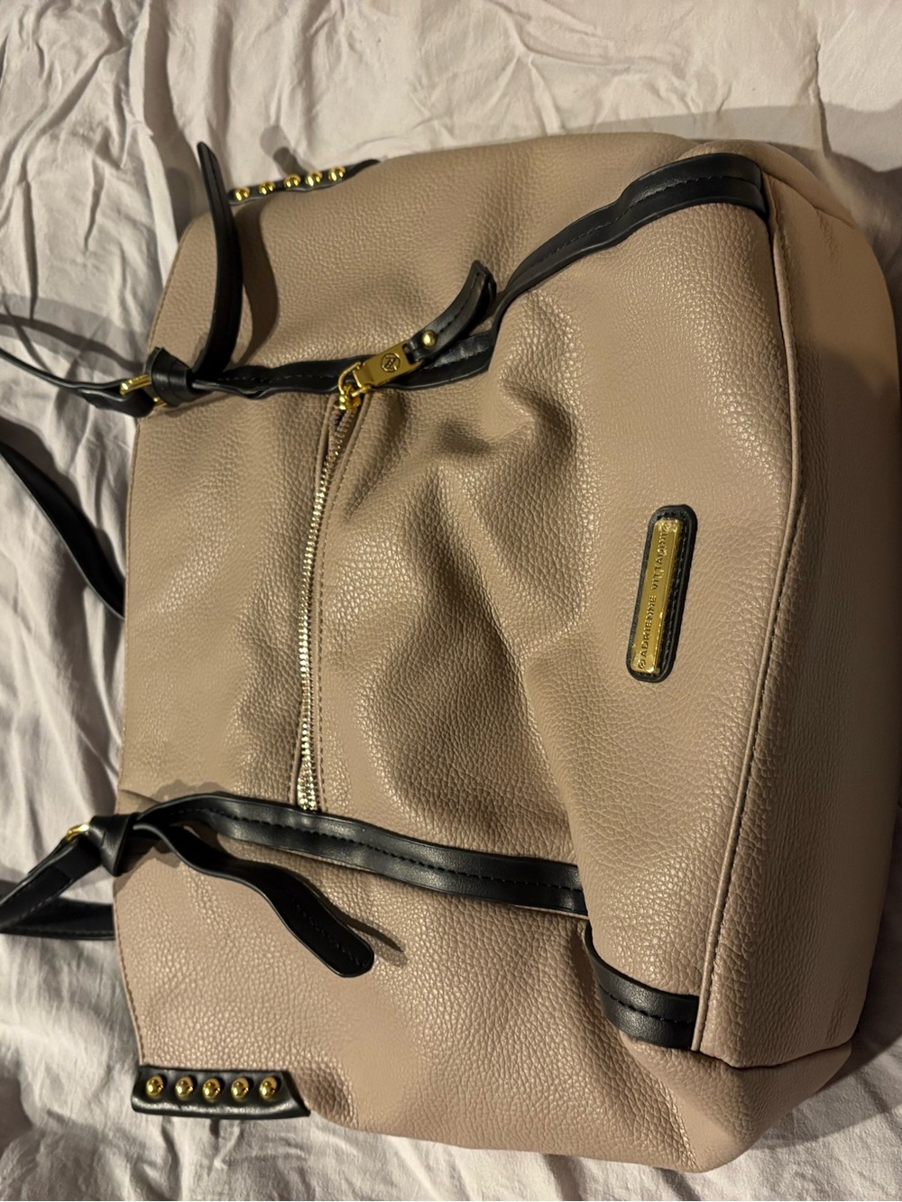 Adrienne Vittadini Taupe and Black Pebbled Shoulder Bag with Gold Hardware